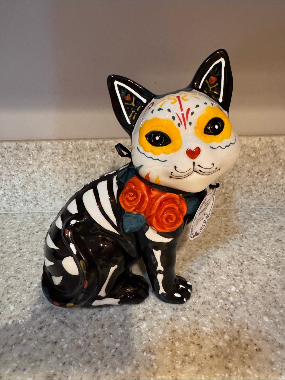 Day of the Dead Style Black & White Ceramic Cat Halloween Skeleton Figurine